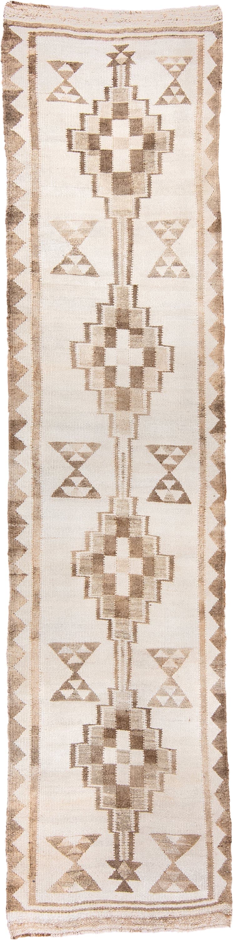 3' x 12' one-of-a-kind handmade vintage Kilim runner rug. Color palette: ivory, taupe, beige, camel, sand, gray