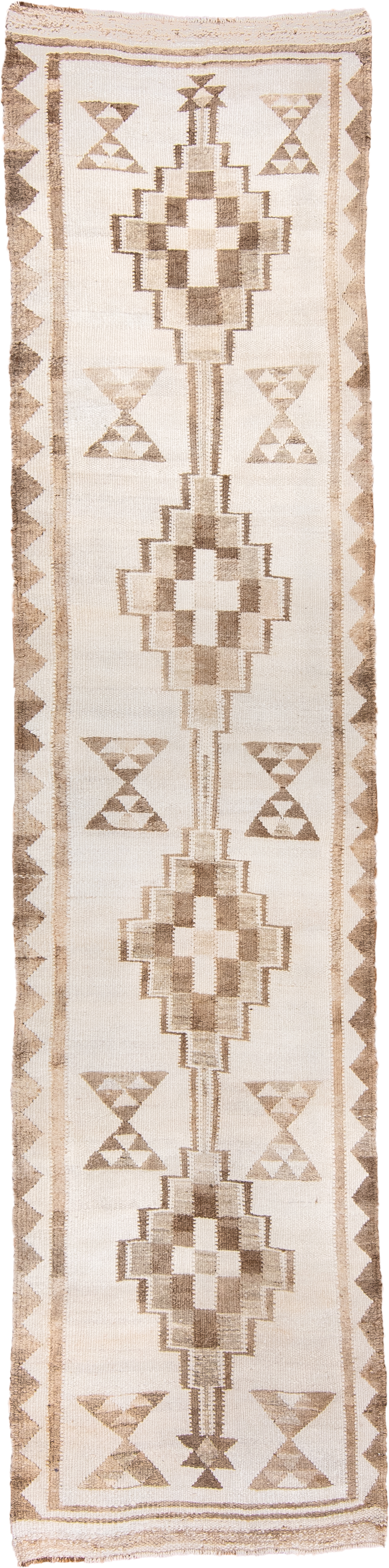 3' x 12' one-of-a-kind handmade vintage Kilim runner rug. Color palette: ivory, taupe, beige, camel, sand, gray