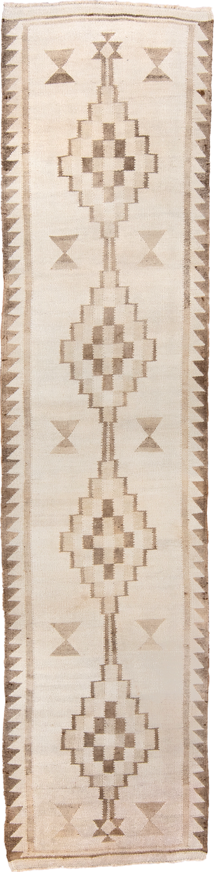 3' x 12' one-of-a-kind handmade antique Kilim runner rug. Color palette: ivory, taupe, beige, camel, brown, gray
