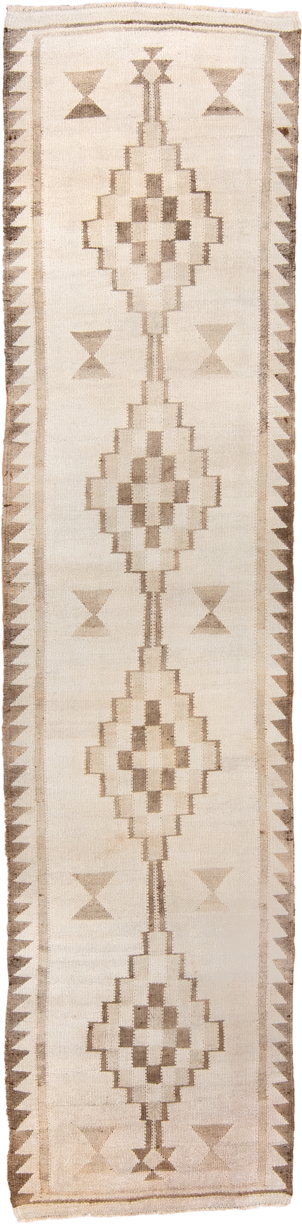 3' x 12' one-of-a-kind handmade antique Kilim runner rug. Color palette: ivory, taupe, beige, camel, brown, gray