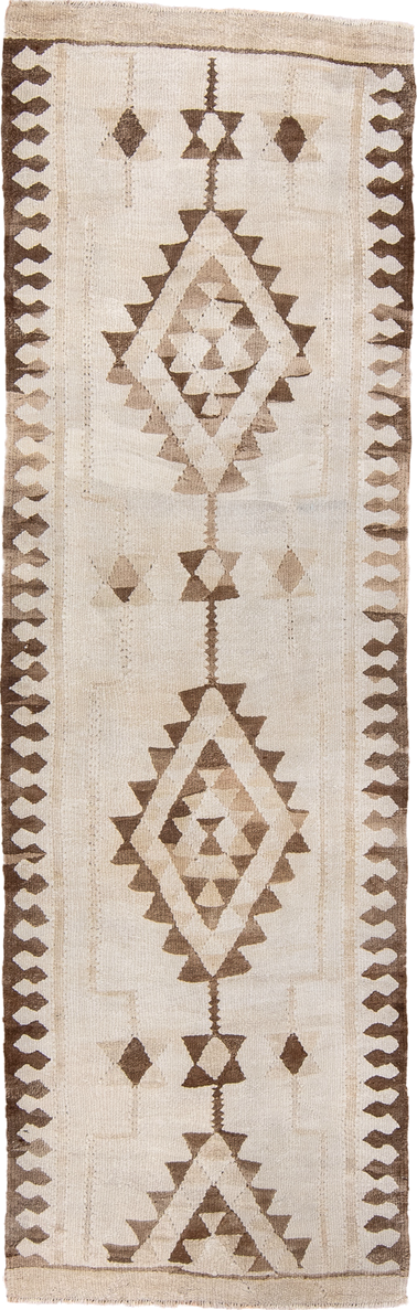 3' x 9' one-of-a-kind handmade antique Kilim runner rug. Color palette: ivory, taupe, brown, beige, gray