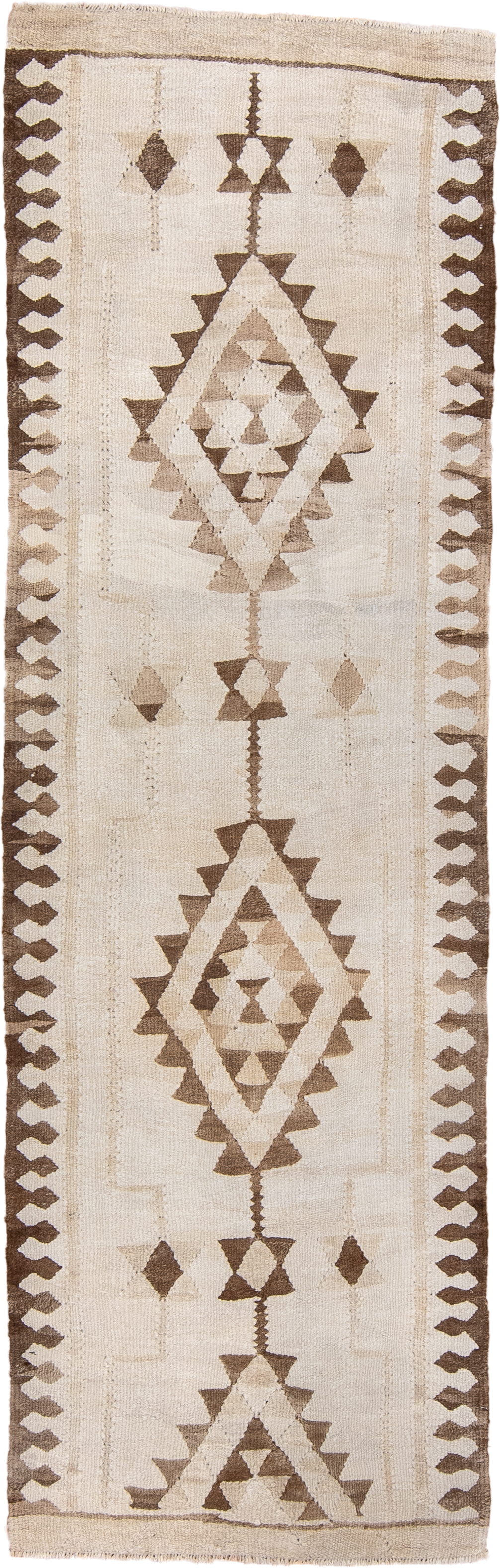 3' x 9' one-of-a-kind handmade antique Kilim runner rug. Color palette: ivory, taupe, brown, beige, gray