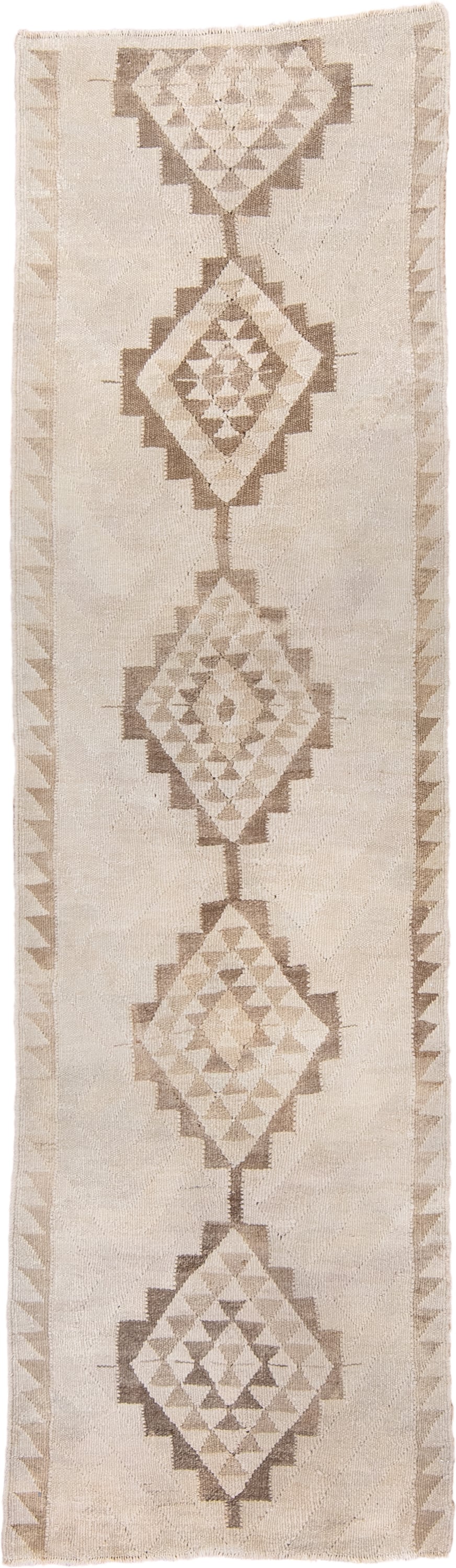 2' x 9' one-of-a-kind handmade antique Kilim runner rug. Color palette: ivory, beige, taupe, sand, gray