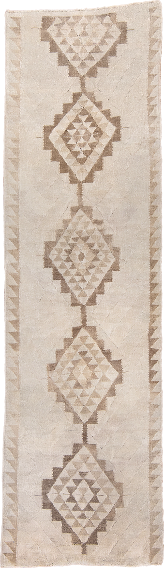 2' x 9' one-of-a-kind handmade antique Kilim runner rug. Color palette: ivory, beige, taupe, sand, gray