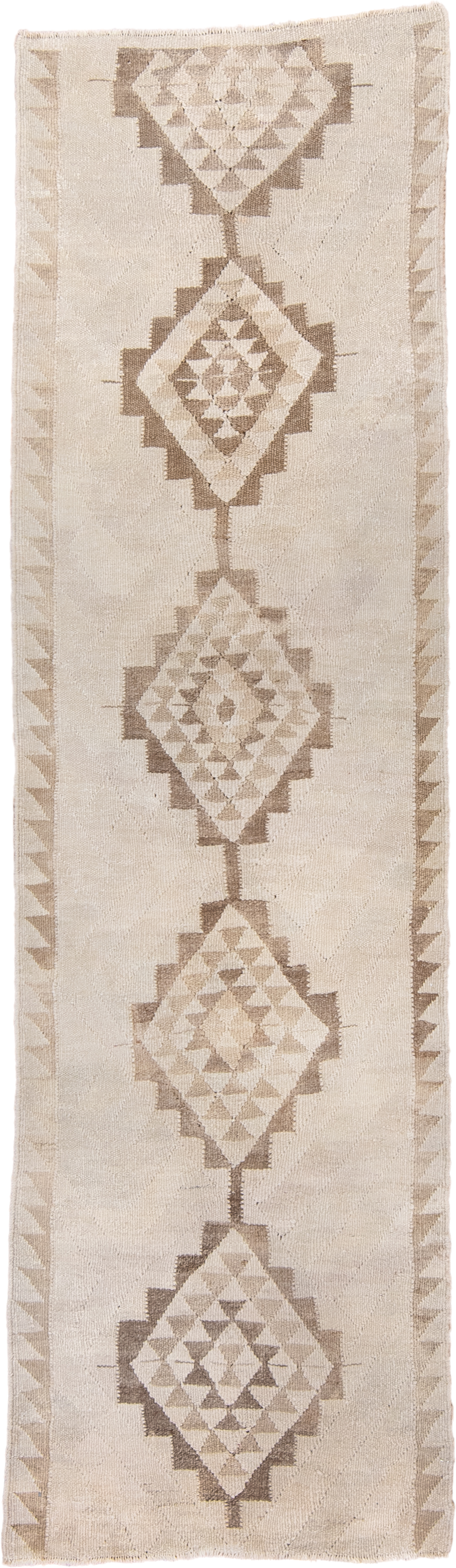 2' x 9' one-of-a-kind handmade antique Kilim runner rug. Color palette: ivory, beige, taupe, sand, gray