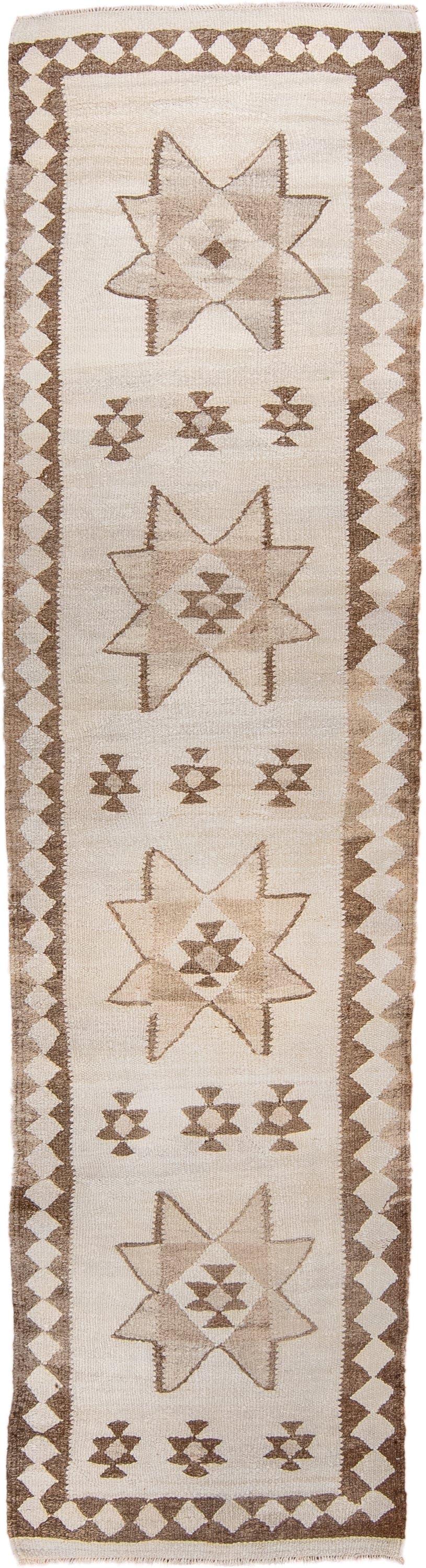2' x 10' one-of-a-kind handmade antique Kilim runner rug. Color palette: ivory, taupe, brown, camel, beige, gray