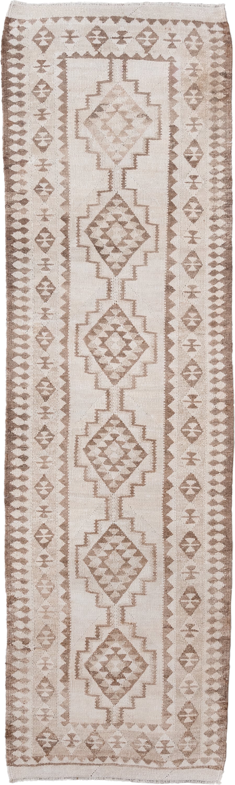 3' x 11' one-of-a-kind handmade antique Kilim runner rug. Color palette: ivory, taupe, beige, sand, gray