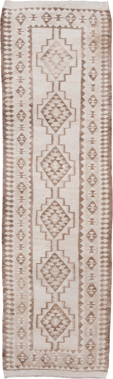 3' x 11' one-of-a-kind handmade antique Kilim runner rug. Color palette: ivory, taupe, beige, sand, gray