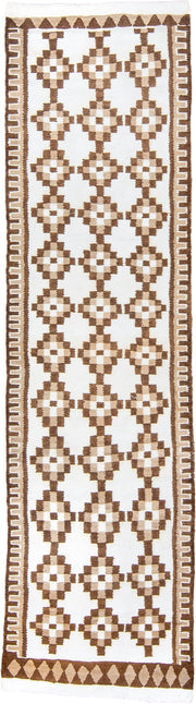 2' x 9' one-of-a-kind handmade antique Kilim runner rug. Color palette: ivory, camel, taupe, beige, gray