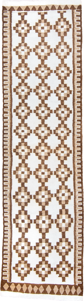 2' x 9' one-of-a-kind handmade antique Kilim runner rug. Color palette: ivory, camel, taupe, beige, gray