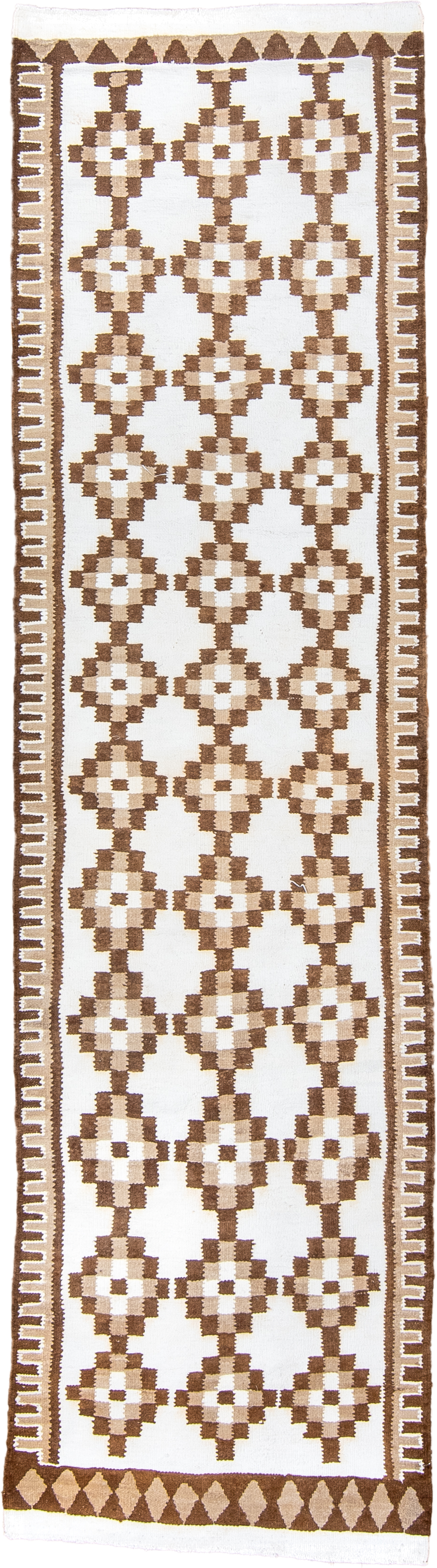 2' x 9' one-of-a-kind handmade antique Kilim runner rug. Color palette: ivory, camel, taupe, beige, gray