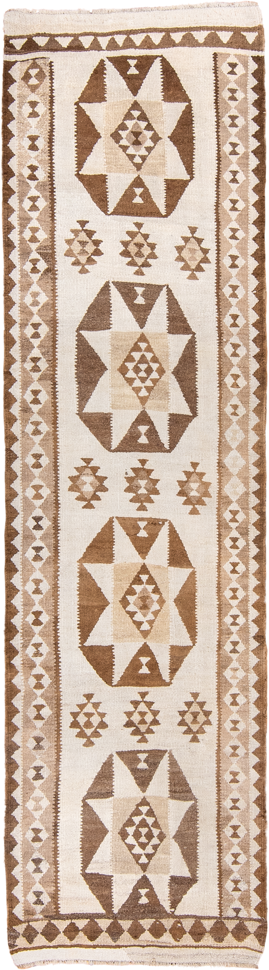 2' x 10' one-of-a-kind handmade antique Kilim runner rug. Color palette: ivory, taupe, camel, brown, beige, gray