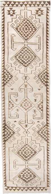 3' x 11' one-of-a-kind handmade antique Kilim runner rug. Color palette: ivory, taupe, camel, brown, beige, gray