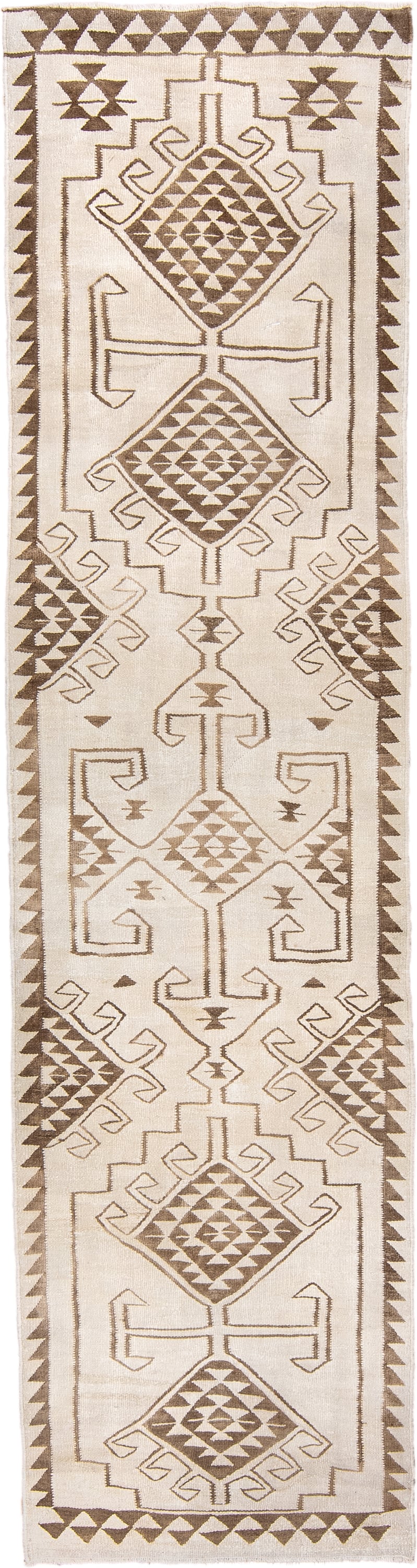 3' x 11' one-of-a-kind handmade antique Kilim runner rug. Color palette: ivory, taupe, camel, brown, beige, gray