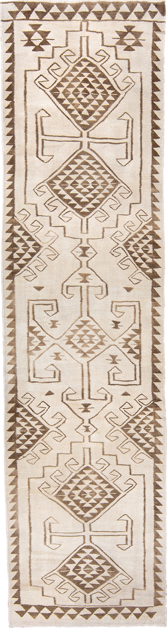 3' x 11' one-of-a-kind handmade antique Kilim runner rug. Color palette: ivory, taupe, camel, brown, beige, gray