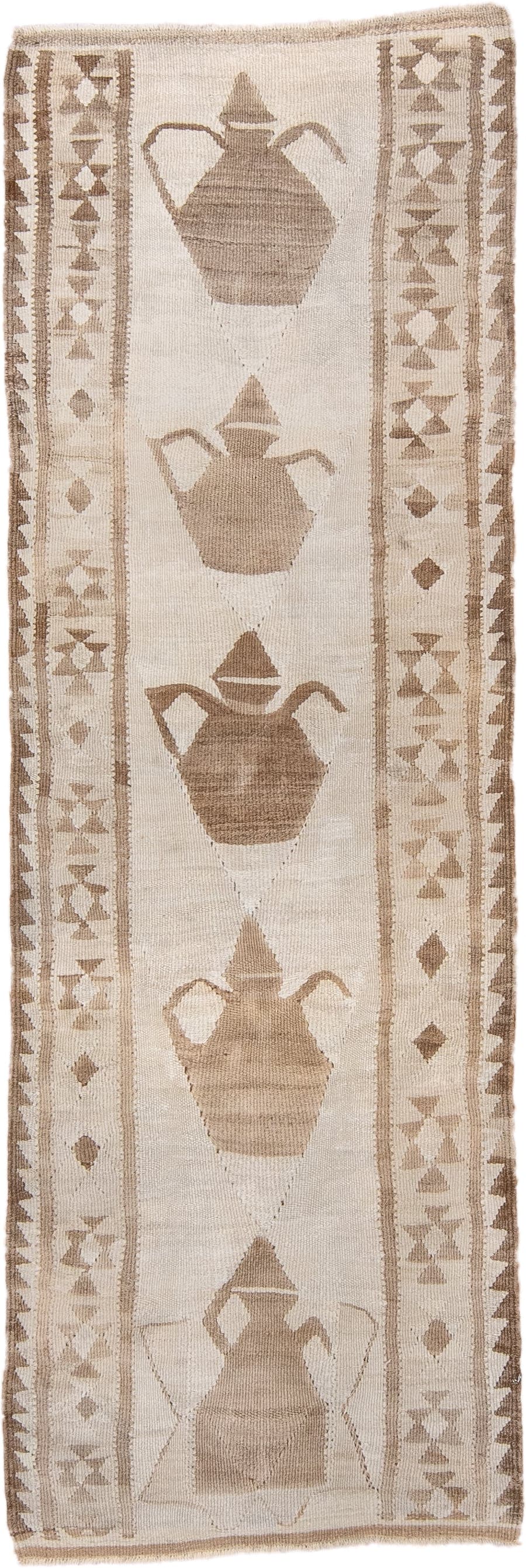 2' x 8' one-of-a-kind handmade antique Kilim runner rug. Color palette: ivory, camel, taupe, beige, gray