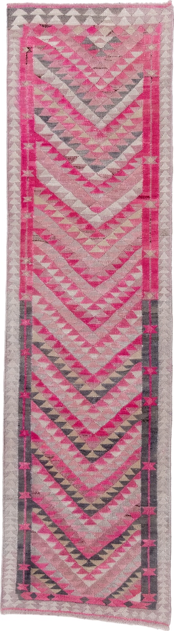 3' x 11' one-of-a-kind handmade vintage Kilim runner rug. Color palette: pink, gray, ivory, charcoal, rose, black, red