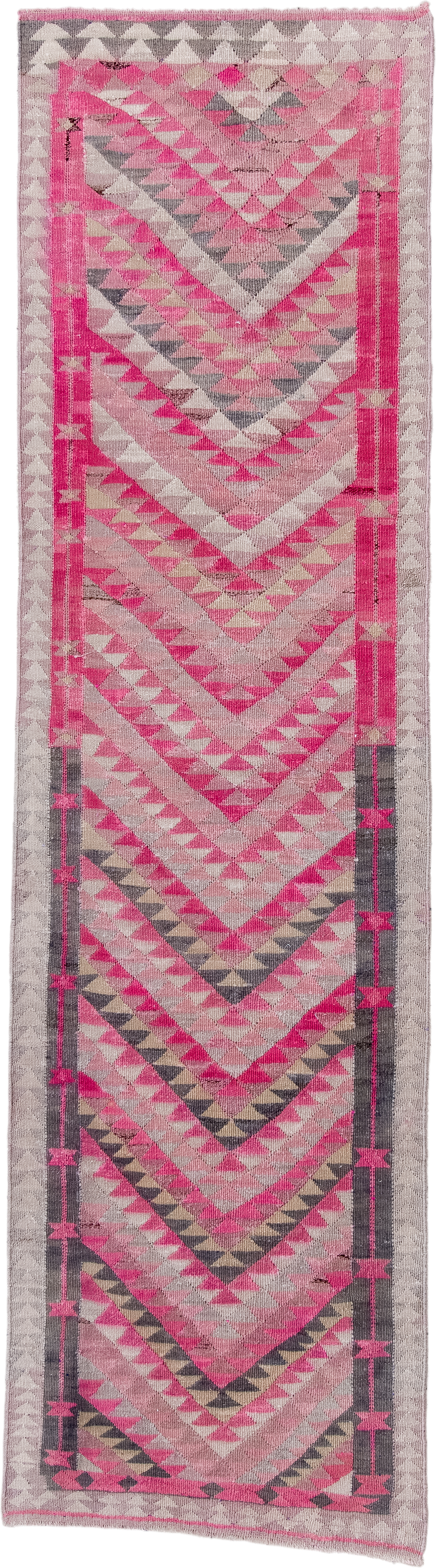 3' x 11' one-of-a-kind handmade vintage Kilim runner rug. Color palette: pink, gray, ivory, charcoal, rose, black, red