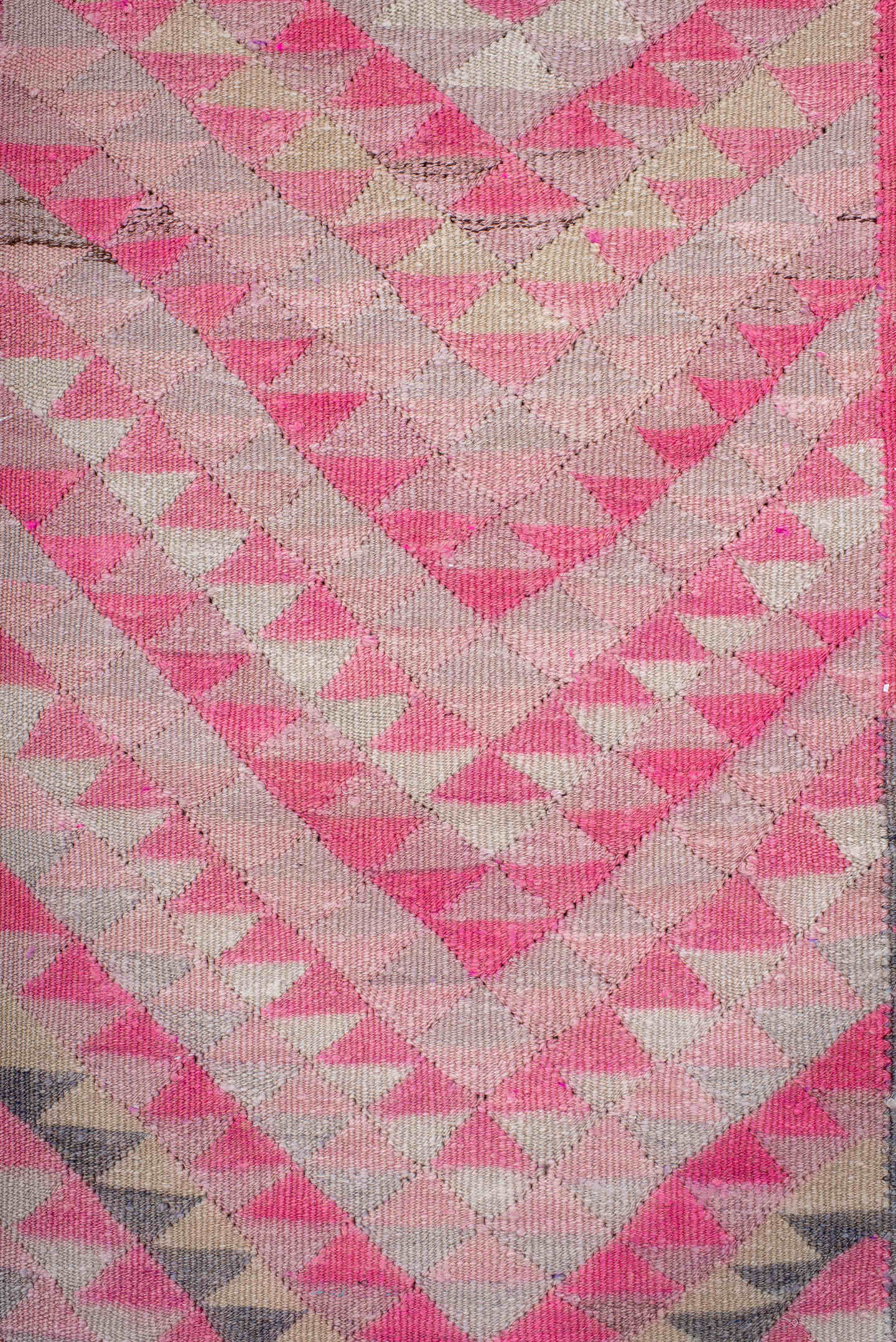 3' x 11' one-of-a-kind handmade vintage Kilim runner rug. Color palette: pink, gray, ivory, charcoal, rose, black, red