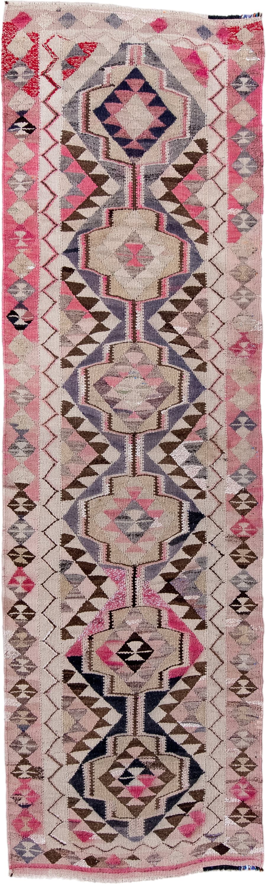 3' x 11' one-of-a-kind handmade vintage Kilim runner rug. Color palette: ivory, pink, taupe, brown, slate, charcoal, beige