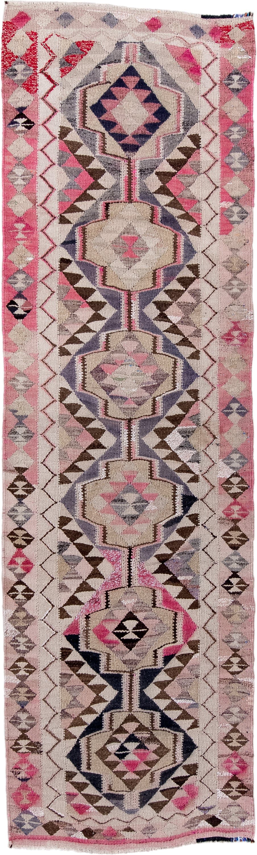 3' x 11' one-of-a-kind handmade vintage Kilim runner rug. Color palette: ivory, pink, taupe, brown, slate, charcoal, beige