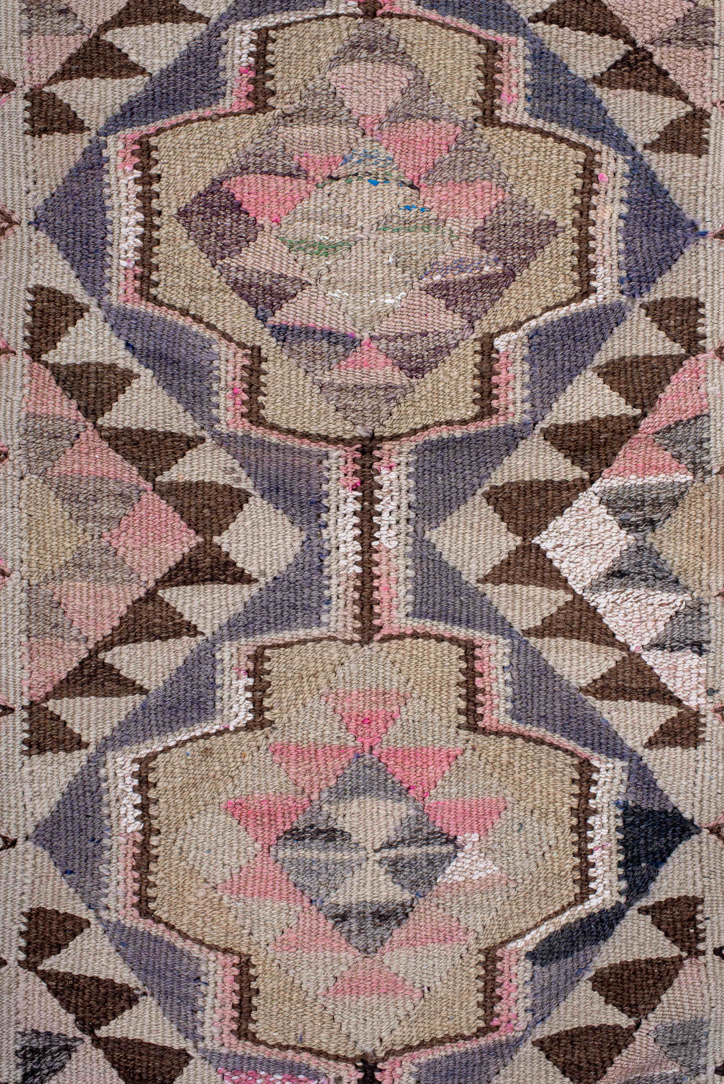 3' x 11' one-of-a-kind handmade vintage Kilim runner rug. Color palette: ivory, pink, taupe, brown, slate, charcoal, beige