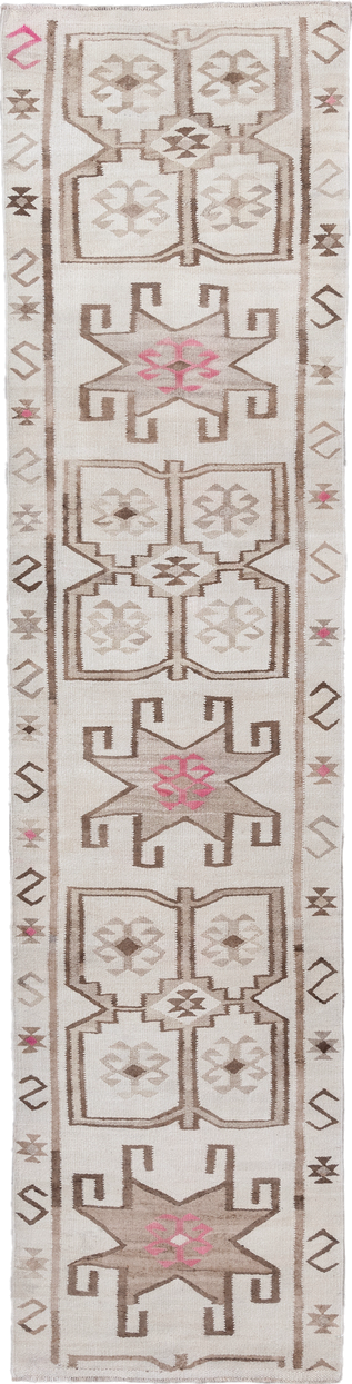 3' x 12' one-of-a-kind handmade vintage Kilim runner rug. Color palette: ivory, taupe, brown, rose, beige, gray, pink, red