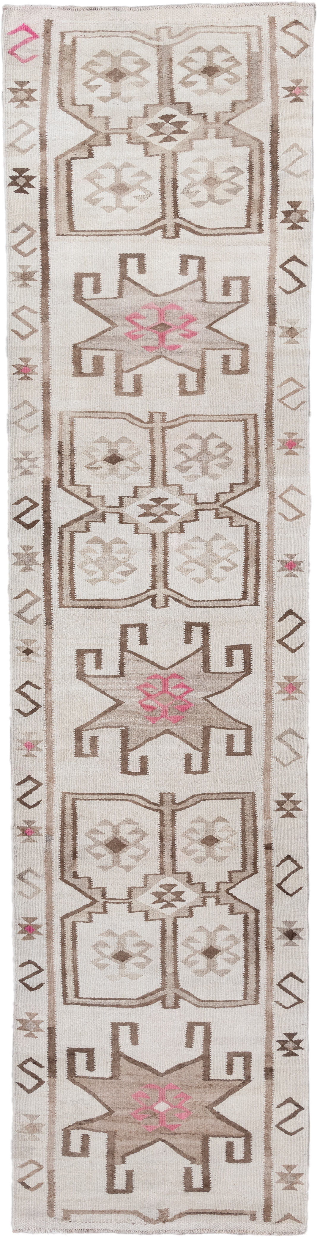 3' x 12' one-of-a-kind handmade vintage Kilim runner rug. Color palette: ivory, taupe, brown, rose, beige, gray, pink, red