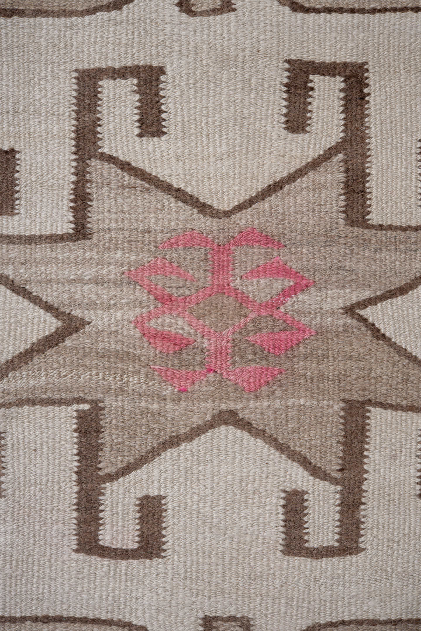 3' x 12' one-of-a-kind handmade vintage Kilim runner rug. Color palette: ivory, taupe, brown, rose, beige, gray, pink, red