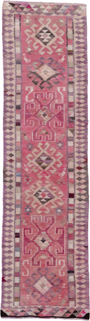 3' x 11' one-of-a-kind handmade vintage Kilim runner rug. Color palette: rose, ivory, lavender, plum, mauve, taupe, charcoal