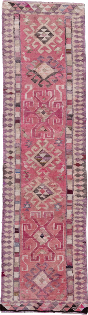 3' x 11' one-of-a-kind handmade vintage Kilim runner rug. Color palette: rose, ivory, lavender, plum, mauve, taupe, charcoal