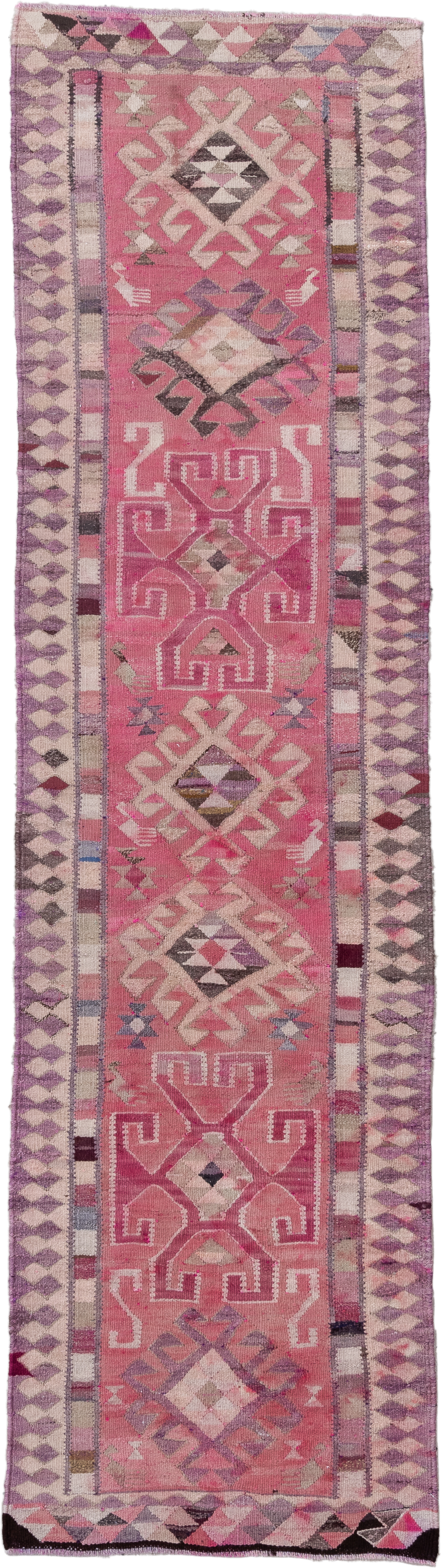 3' x 11' one-of-a-kind handmade vintage Kilim runner rug. Color palette: rose, ivory, lavender, plum, mauve, taupe, charcoal
