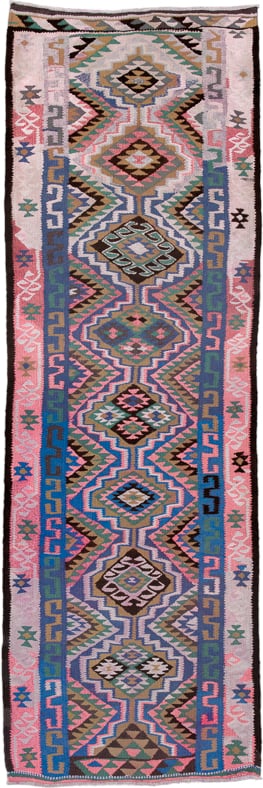 3' x 9' one-of-a-kind handmade antique Kilim runner rug. Color palette: pink, blue, ivory, brown, teal, olive, black
