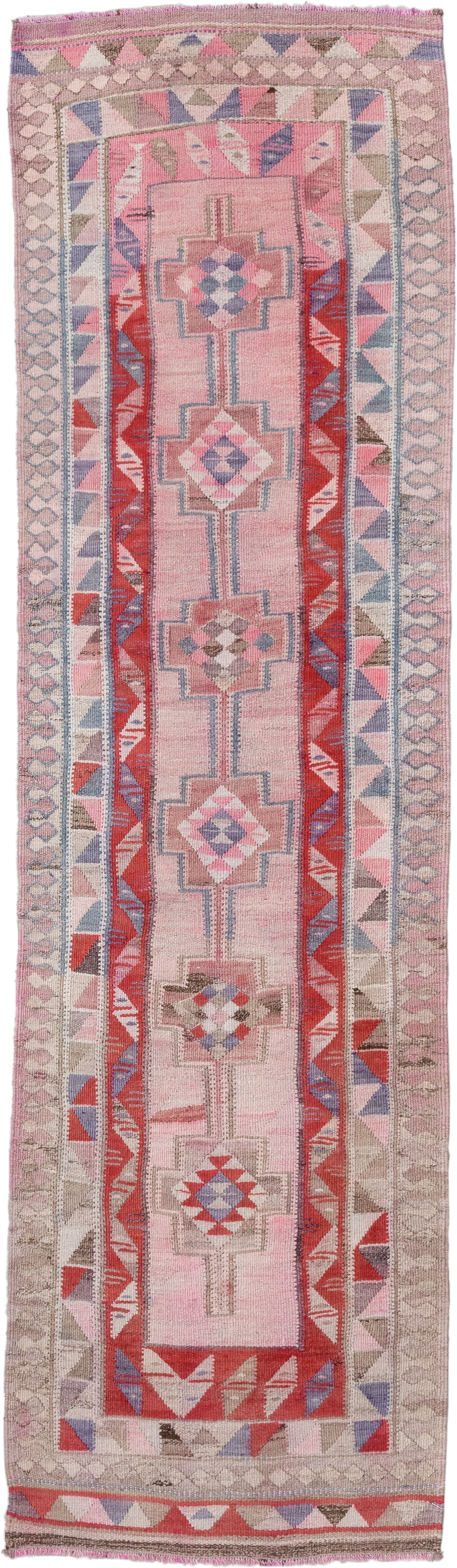 3' x 11' one-of-a-kind handmade vintage Kilim runner rug. Color palette: blush, taupe, red, rose, soft blue, ivory, mauve