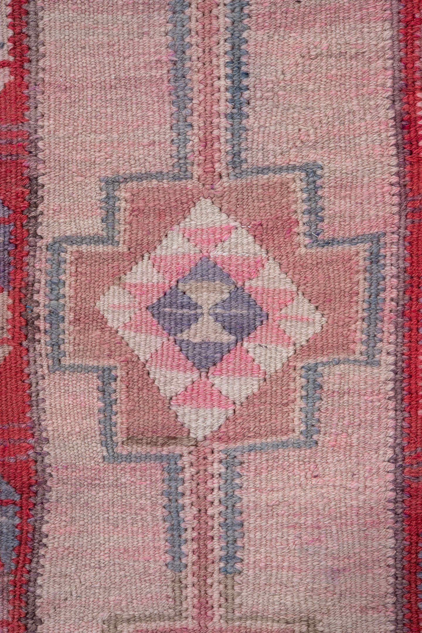3' x 11' one-of-a-kind handmade vintage Kilim runner rug. Color palette: blush, taupe, red, rose, soft blue, ivory, mauve