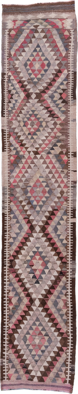 2' x 13' one-of-a-kind handmade vintage Kilim runner rug. Color palette: taupe, ivory, brown, rose, slate, mauve, beige