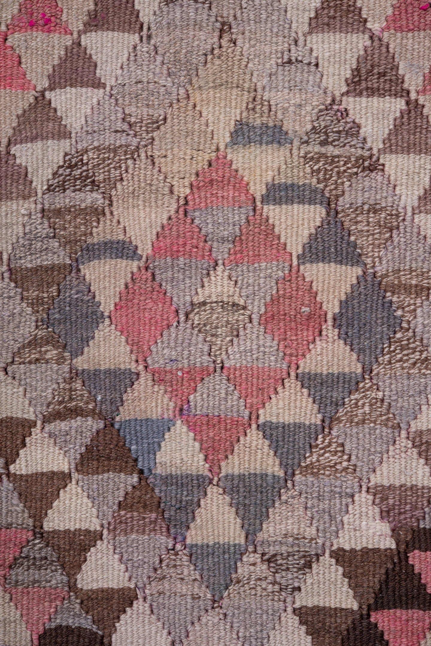 2' x 13' one-of-a-kind handmade vintage Kilim runner rug. Color palette: taupe, ivory, brown, rose, slate, mauve, beige