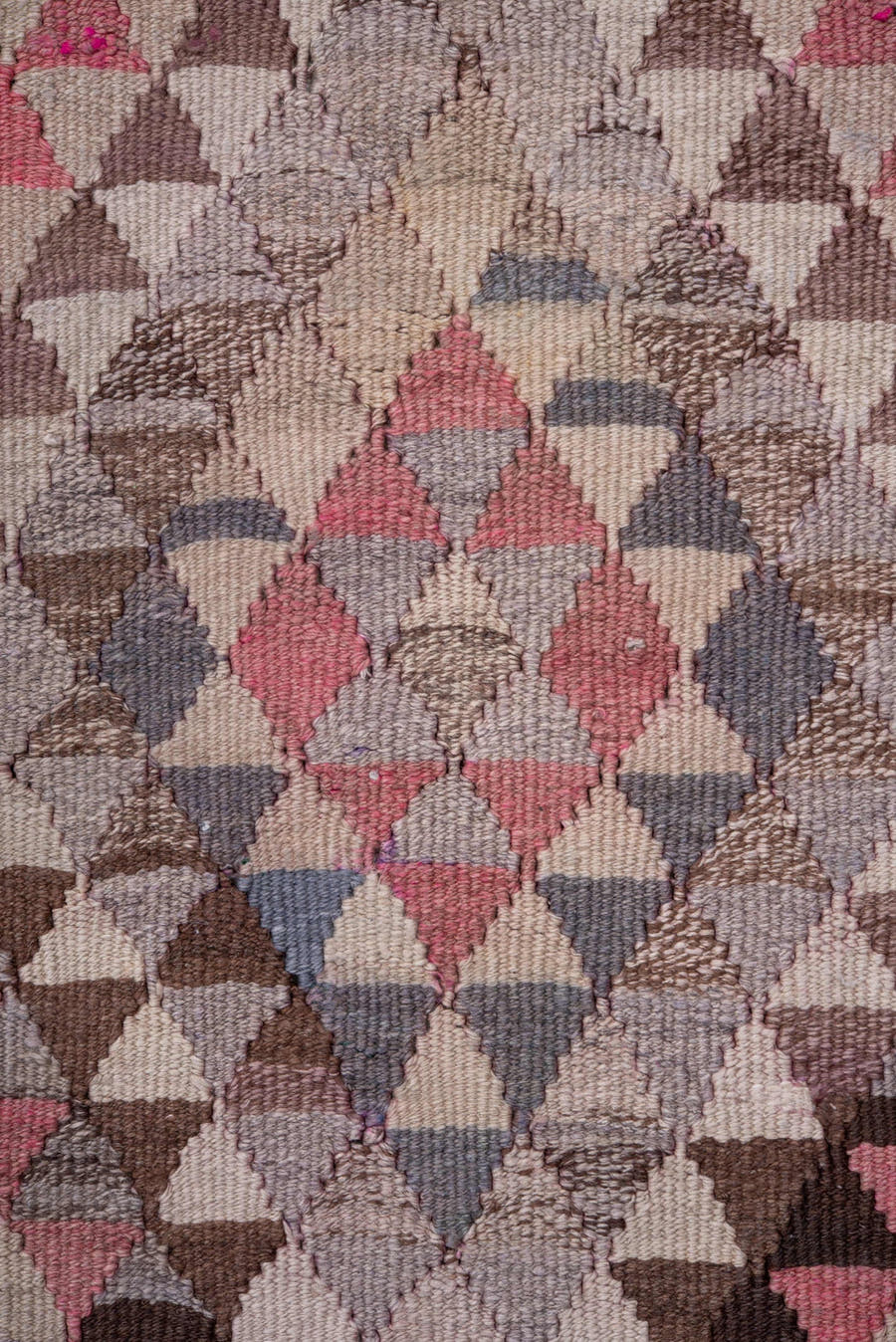 2' x 13' one-of-a-kind handmade vintage Kilim runner rug. Color palette: taupe, ivory, brown, rose, slate, mauve, beige
