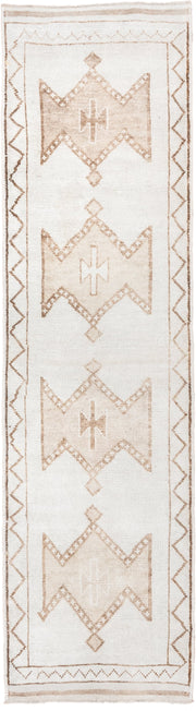 3' x 11' one-of-a-kind handmade vintage Kars runner rug. Color palette: ivory, beige, taupe, camel, gray