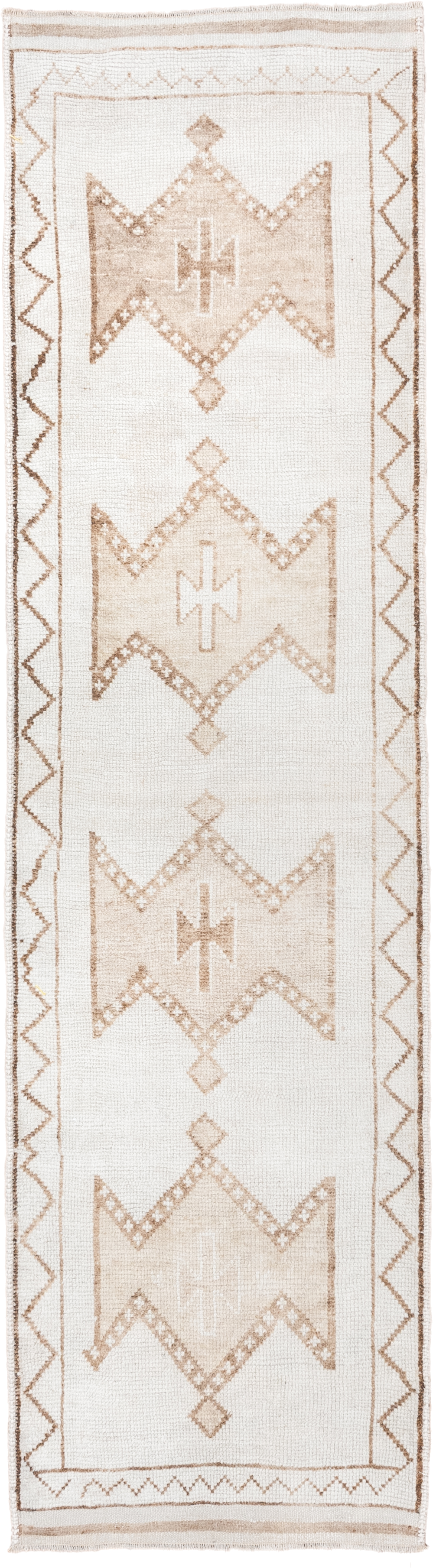 3' x 11' one-of-a-kind handmade vintage Kars runner rug. Color palette: ivory, beige, taupe, camel, gray