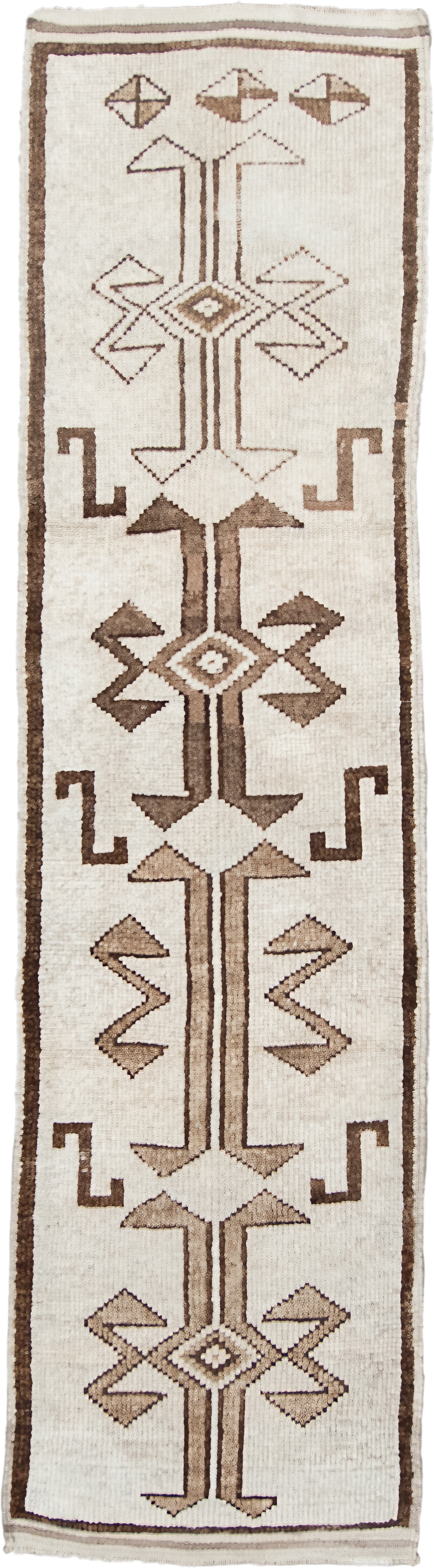 3' x 11' one-of-a-kind handmade vintage Kars runner rug. Color palette: ivory, brown, taupe, beige, gray