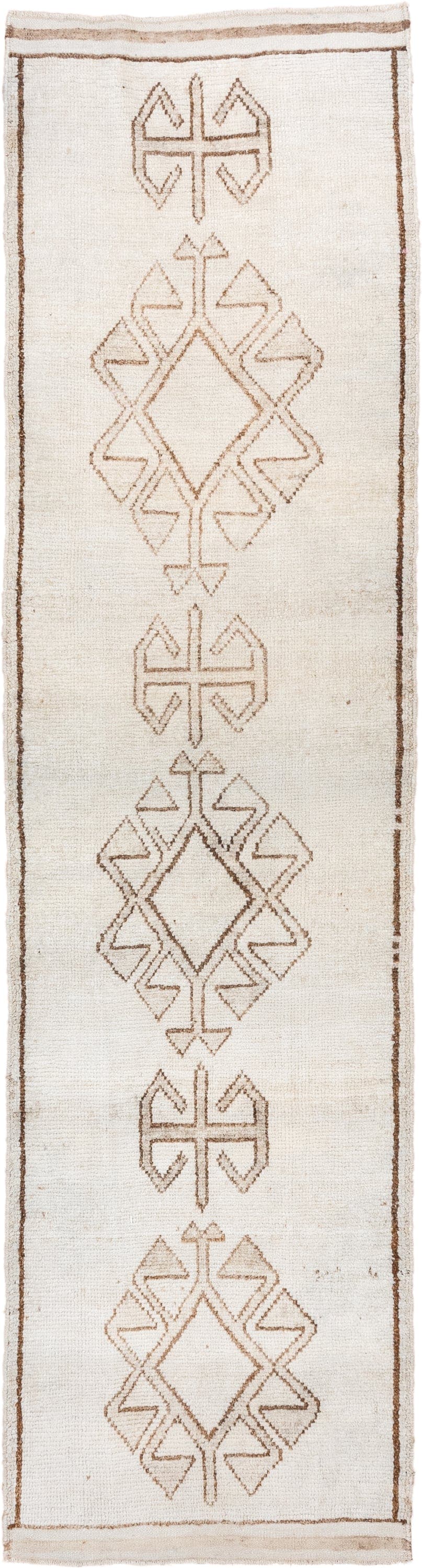 3' x 11' one-of-a-kind handmade vintage Kars runner rug. Color palette: ivory, camel, taupe, beige, gray