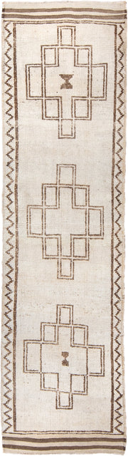 2' x 10' one-of-a-kind handmade vintage Kars runner rug. Color palette: ivory, taupe, brown, beige, gray