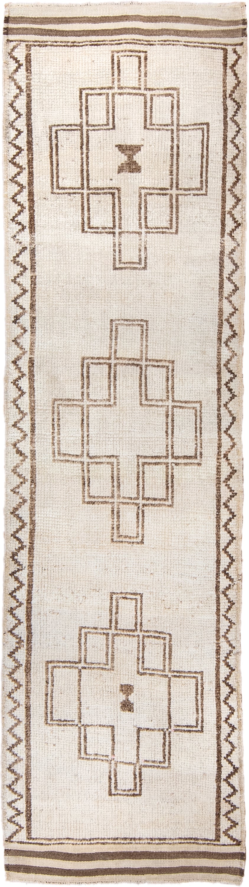2' x 10' one-of-a-kind handmade vintage Kars runner rug. Color palette: ivory, taupe, brown, beige, gray