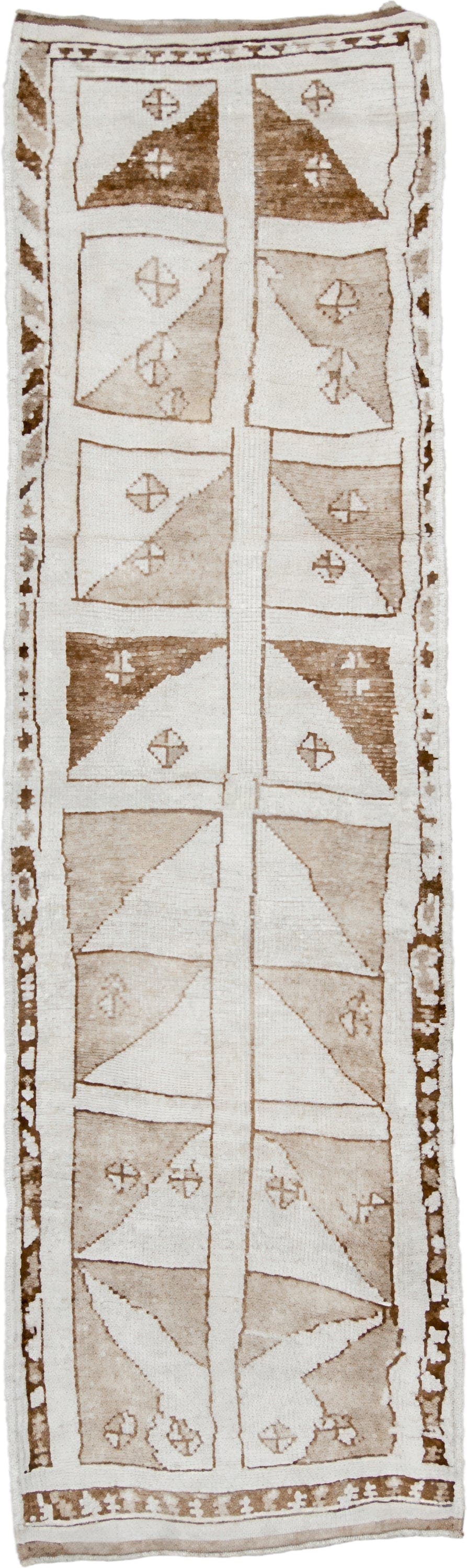 3' x 10' one-of-a-kind handmade vintage Kars runner rug. Color palette: ivory, taupe, camel, brown, beige, gray