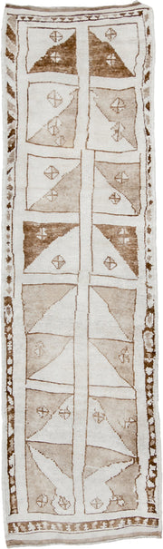 3' x 10' one-of-a-kind handmade vintage Kars runner rug. Color palette: ivory, taupe, camel, brown, beige, gray