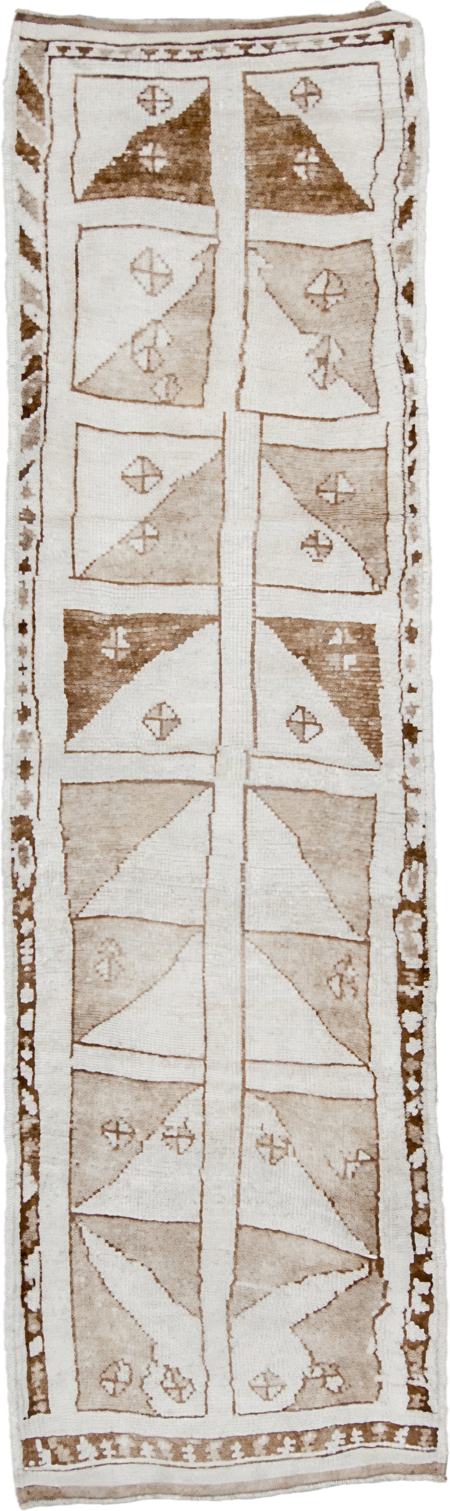 3' x 10' one-of-a-kind handmade vintage Kars runner rug. Color palette: ivory, taupe, camel, brown, beige, gray