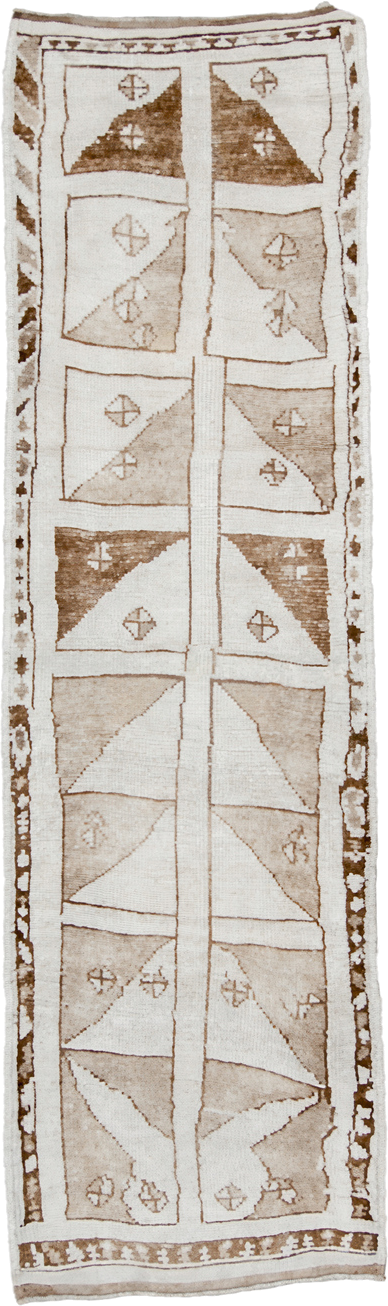 3' x 10' one-of-a-kind handmade vintage Kars runner rug. Color palette: ivory, taupe, camel, brown, beige, gray