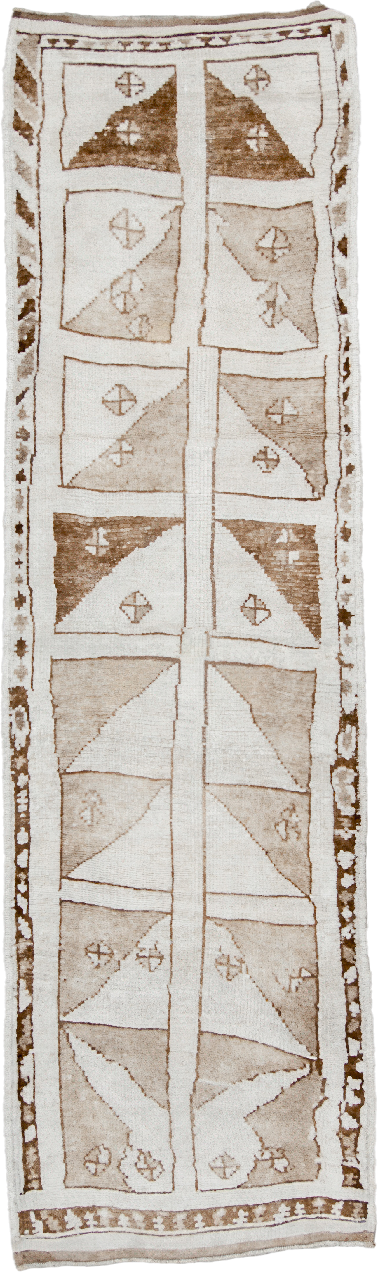 3' x 10' one-of-a-kind handmade vintage Kars runner rug. Color palette: ivory, taupe, camel, brown, beige, gray