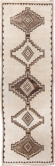 3' x 10' one-of-a-kind handmade vintage Kars runner rug. Color palette: ivory, brown, taupe, camel, beige, gray
